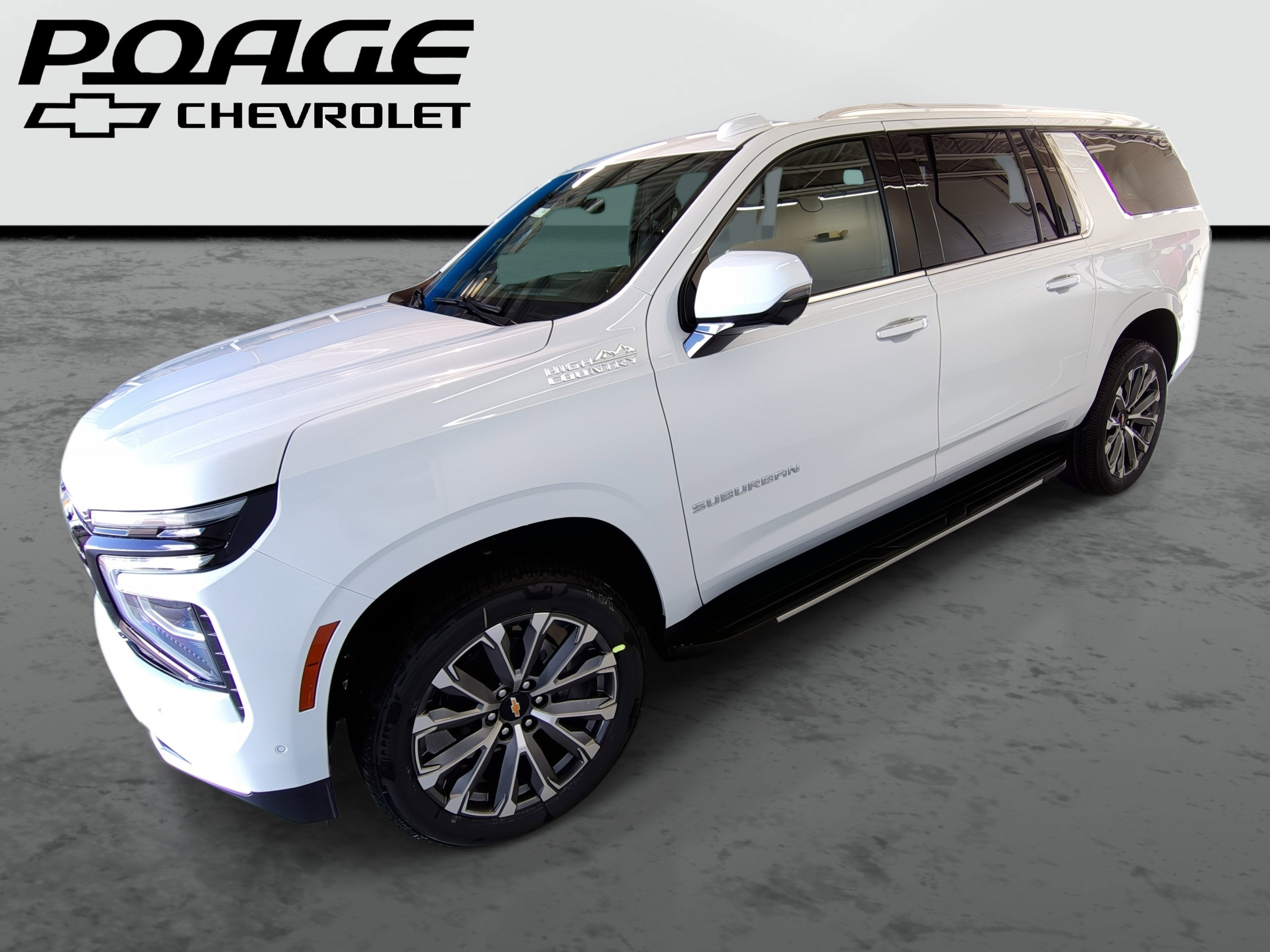 2026 Chevrolet Suburban High Country in Polar White Tricoat — front three-quarter view